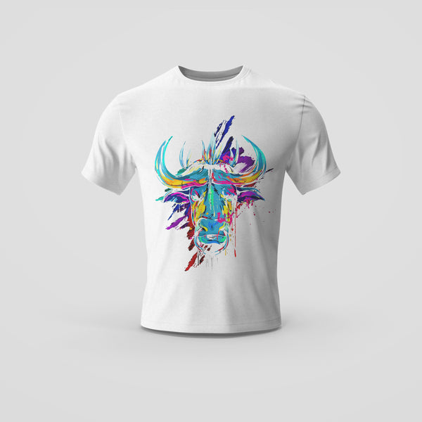 Abstract Color Burst Bull White T-Shirt