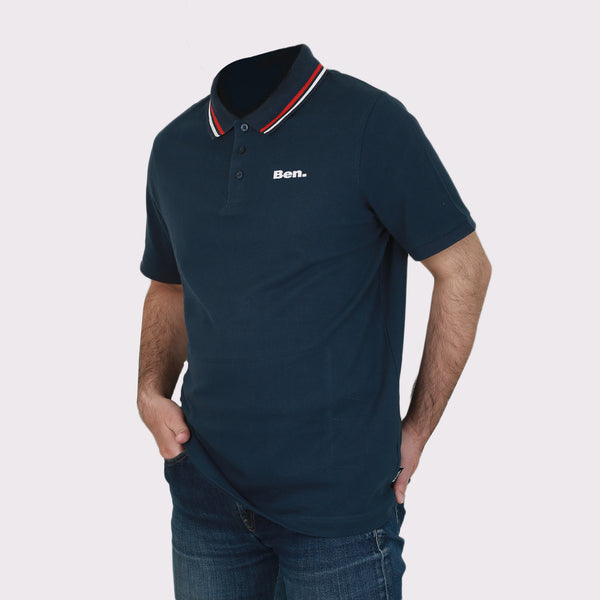 Half-Sleeved Polo Shirt for Men in Navy Blue with Striped Red Collar