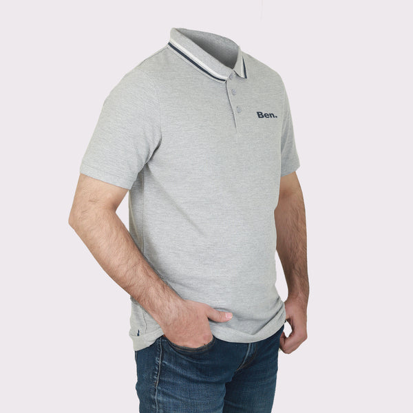 Half-Sleeved Polo Shirt for Men in Light Gray with Striped White Collar