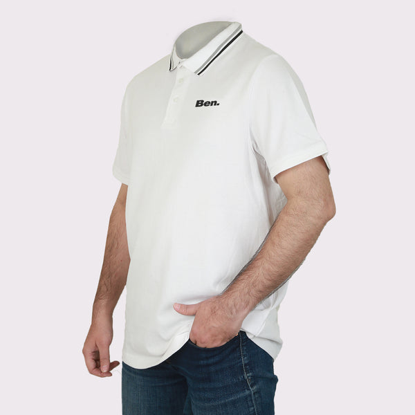 Half-Sleeved Polo Shirt for Men in White with Striped Gray Collar