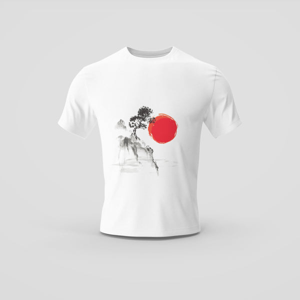 White T-Shirt with Traditional Japanese Ink-Wash Painting and Red Sun