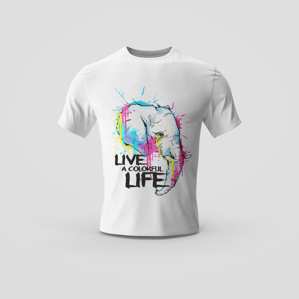 Color Splash Elephant 'Live a Colorful Life' White T-Shirt