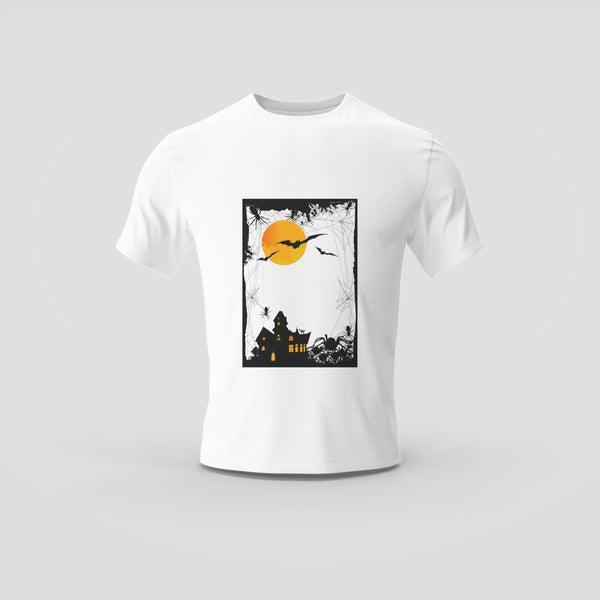 White T-Shirt with Haunted House and Full Moon Graphic