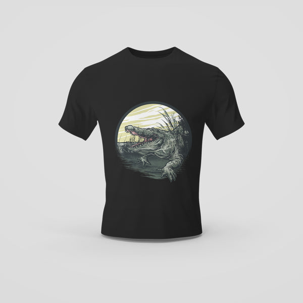 Black T-Shirt with Crocodile Moon Shape Design