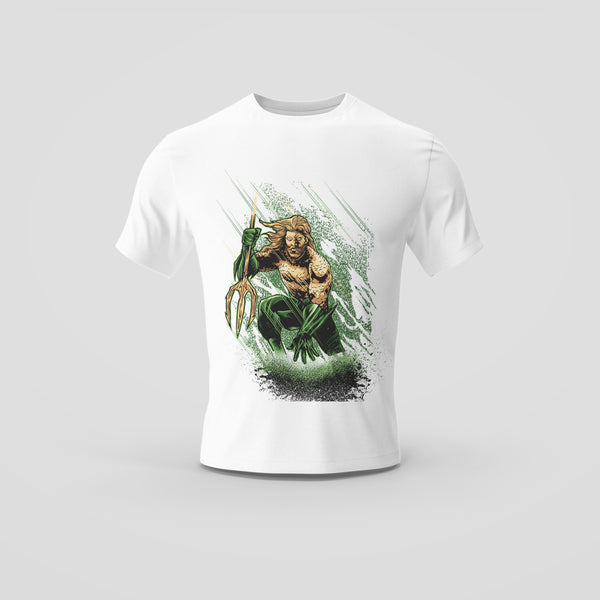 White T-Shirt with Aquaman An Aquatic Superhero and Trident Design