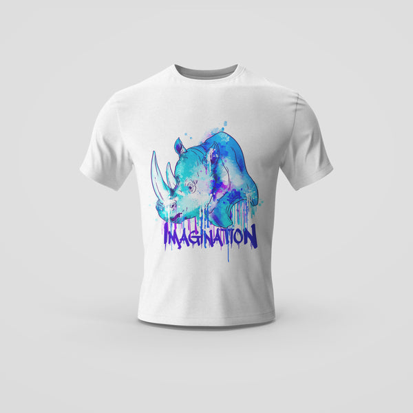 White T-Shirt with Colorful Rhino and Imagination Print