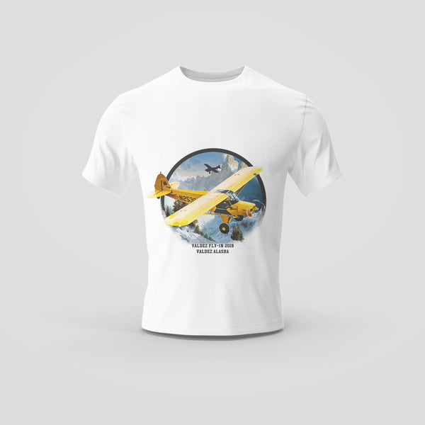 White T-Shirt with Vintage Yellow Plane and Alaska Scenery Design