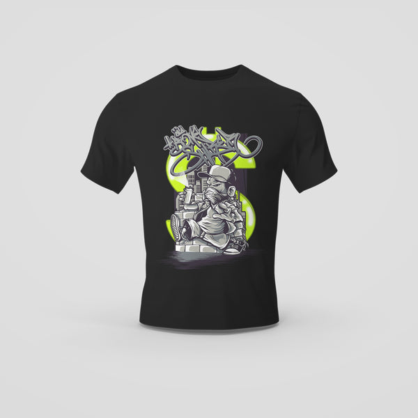 Black T-Shirt with Neon Yellow Graffiti Design