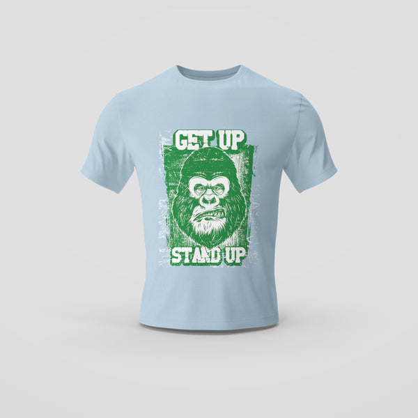 Light Blue T-Shirt with Gorilla Motivational Quote Get Up Stand Up Design