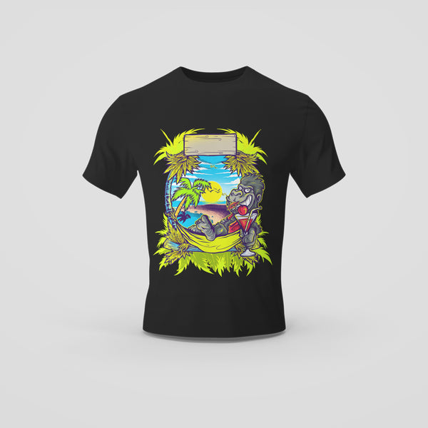 Black T-Shirt with Vibrant Tropical Cool Ape Design