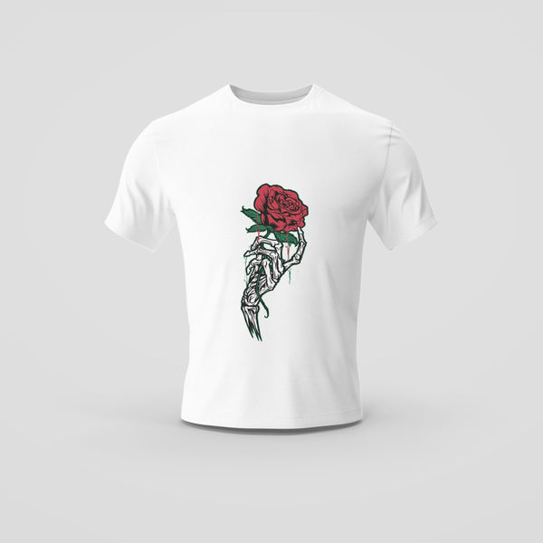White T-Shirt with Red Rose and Skeleton Hand Design
