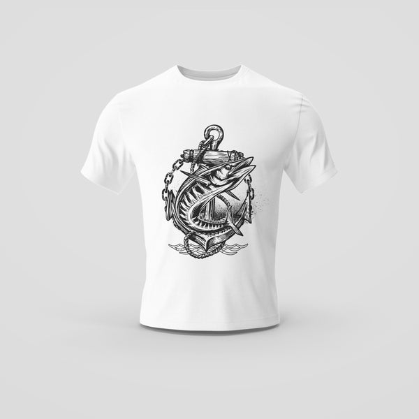 White T-Shirt with Nautical Anchor and Fish Graphic