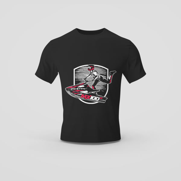 Black T-Shirt with Dynamic Jet Skiing Graphic