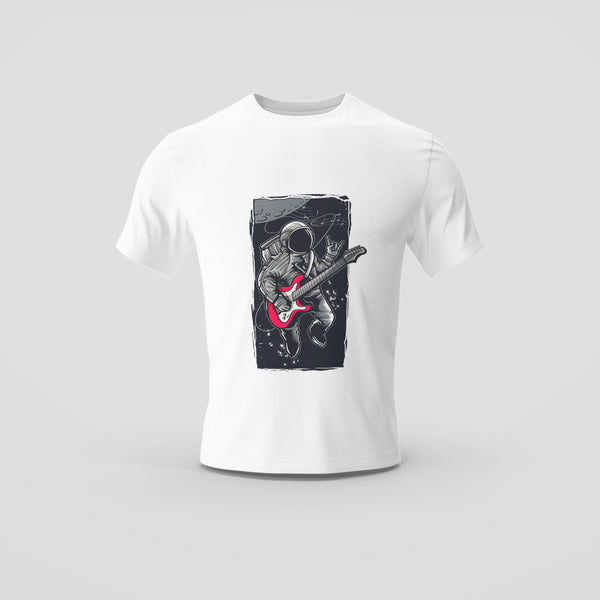 White T-Shirt with Astronaut Playing Guitar Graphic