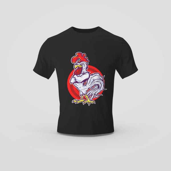 Black T-Shirt with Striking Rooster Emblem Design