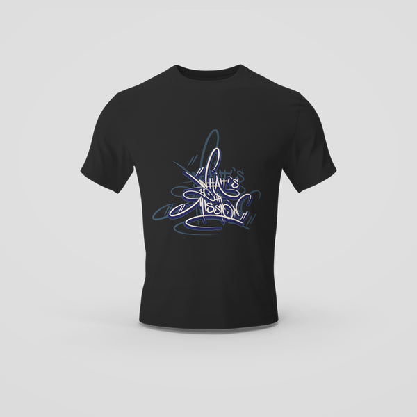 Black T-Shirt with Blue Neon Graffiti Style 'What's the Mission' Graphic