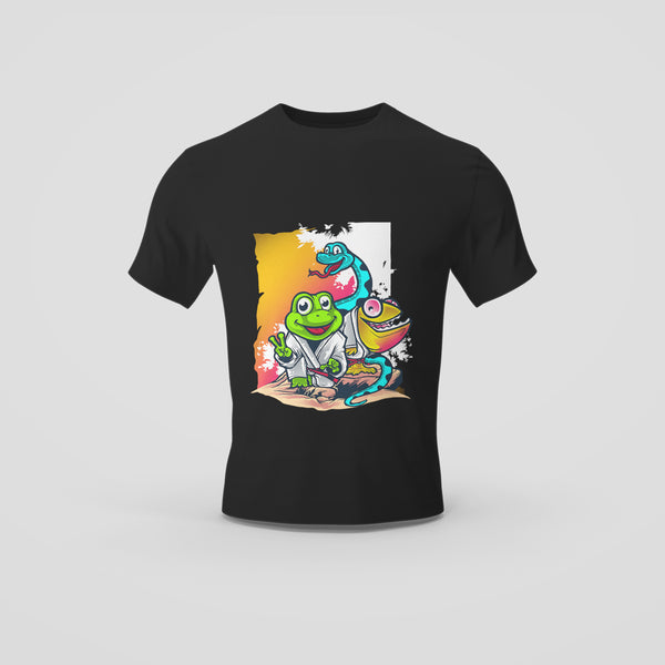 Black T-Shirt with Animated Kung Fu Colorful Trio Graphic