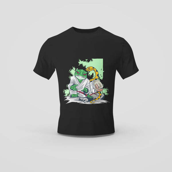 Black T-Shirt with Colorful Kung Fu Trio Cartoons Group Graphic